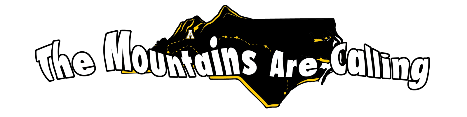 The Mountains Are Calling logo. Shows a design of the state of North Carolina with a route leading from Boone to Wilmington.